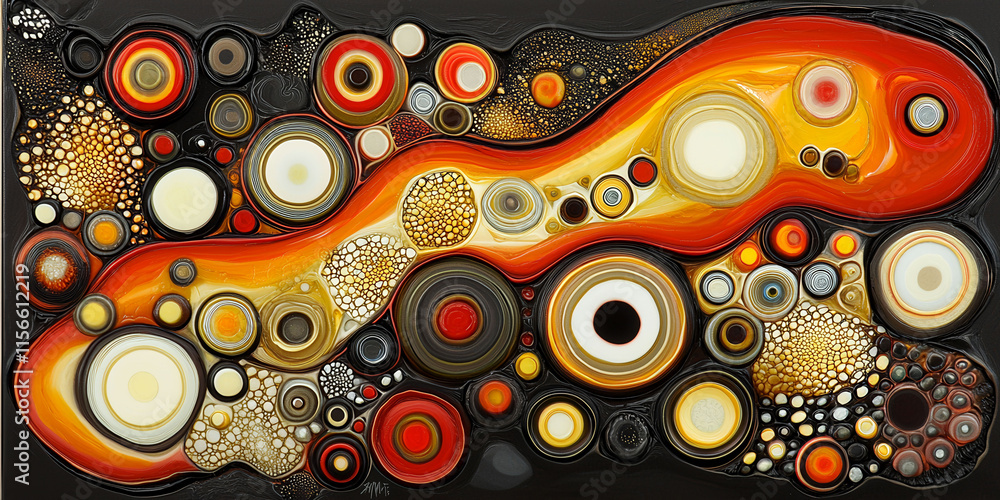 Poster a painting of a galaxy with many different colored circles. the painting is abstract and has a lot o