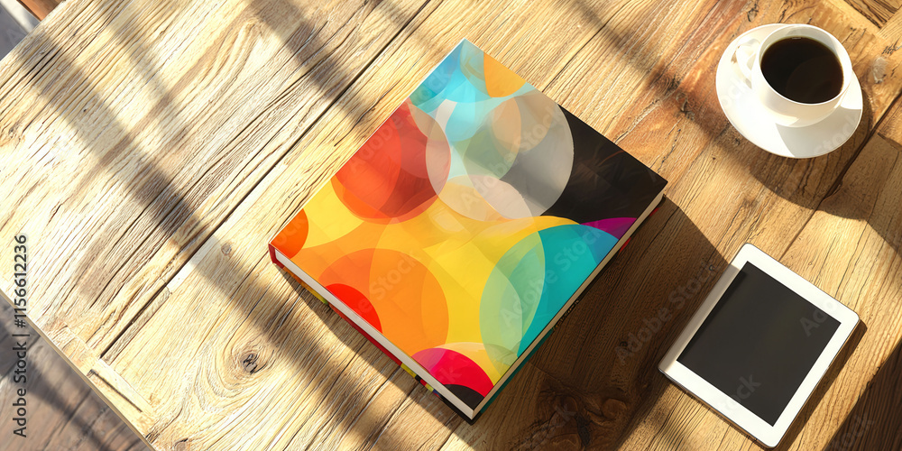 Poster a colorful book sits on a table next to a tablet. the book is titled 
