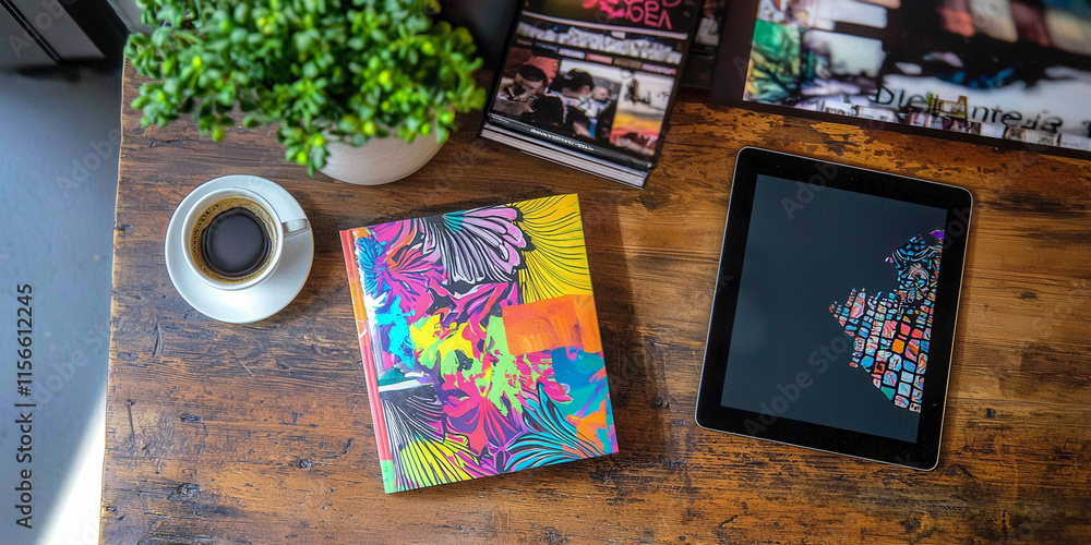 Poster a colorful book sits on a table next to a tablet. the book is titled 