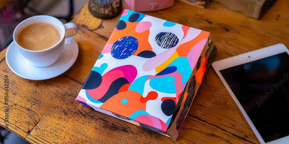 Poster a colorful book sits on a table next to a tablet. the book is titled 