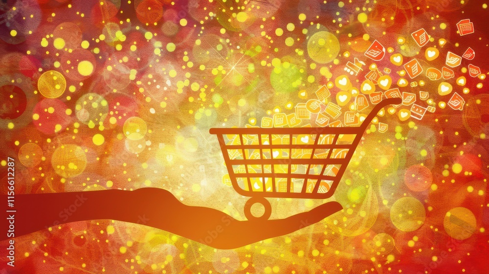 Poster hand holding shopping cart overflowing with digital icons on colorful bokeh background.