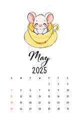 Cute Mouse Calendar for May 2025, A charming illustration of a cartoon mouse happily sitting in a yellow teacup, featured in a calendar layout for May 2025