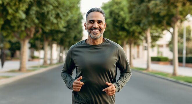 Mature hispanic man jogging in urban park for fitness and well-being