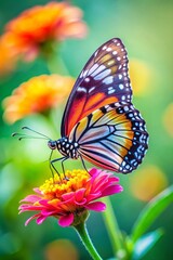 Obraz premium beautiful butterfly with intricate patterns on its wings sitting gracefully on a colorful flower in natural light mobile wallpaper background