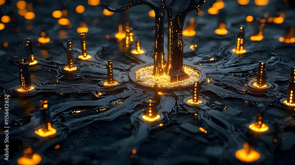 Poster abstract glowing tree surrounded by luminous connected structures