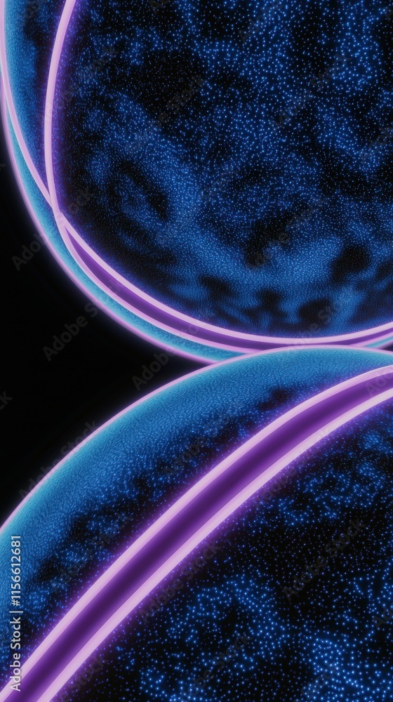 Poster illuminated spheres with purple neon intersections abstract digital art dark background futuristic v