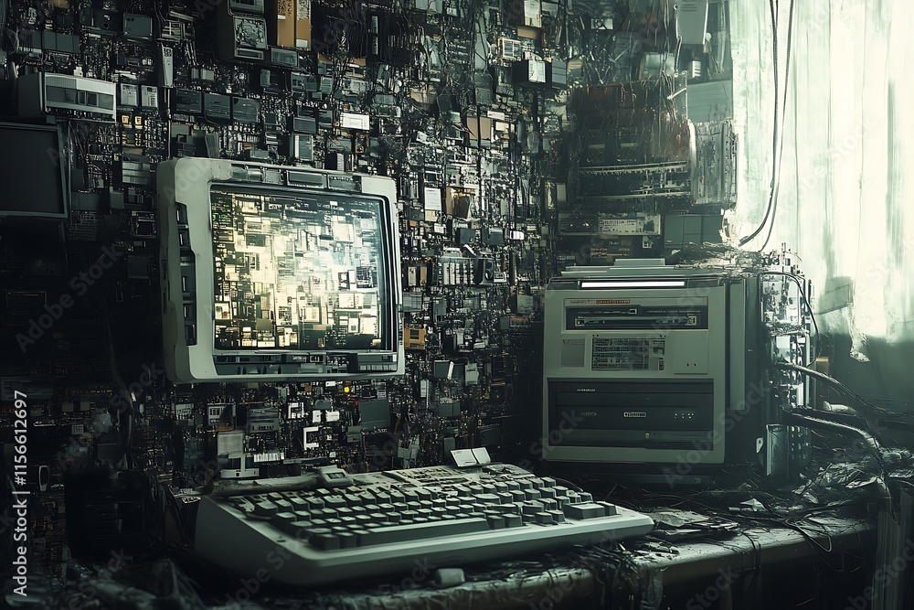 Poster retro computer setup, cyberpunk style