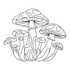 Coloring page. Cartoon cute mushroom illustration. Childish design for kids activity colouring book. Vector colorless picture. Freehand sketch