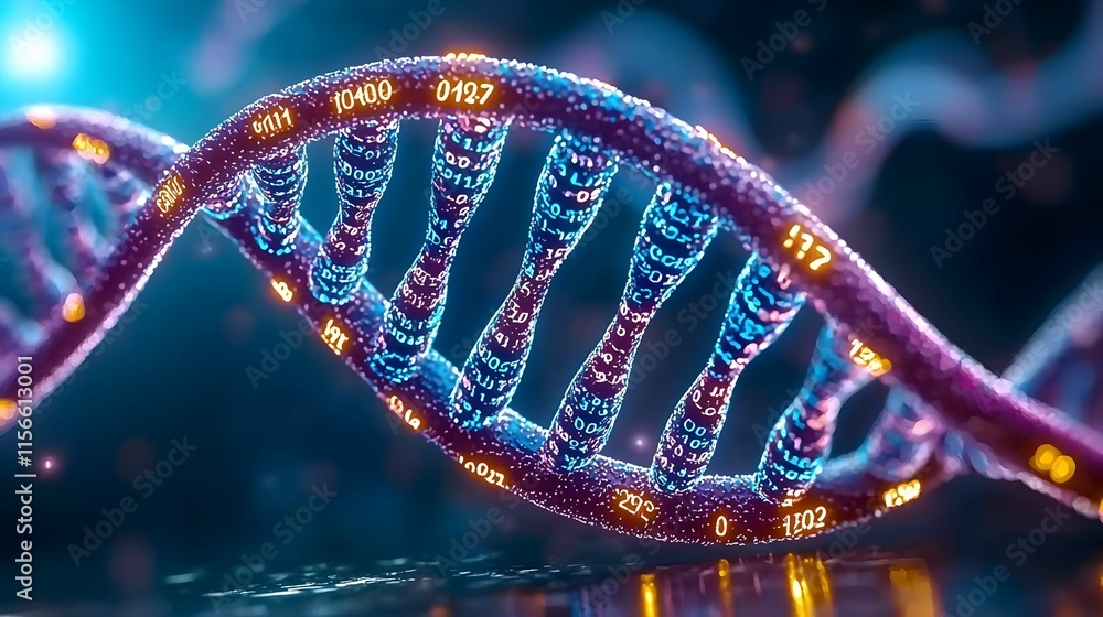 Poster 3d representation of colorful dna helix with digital elements