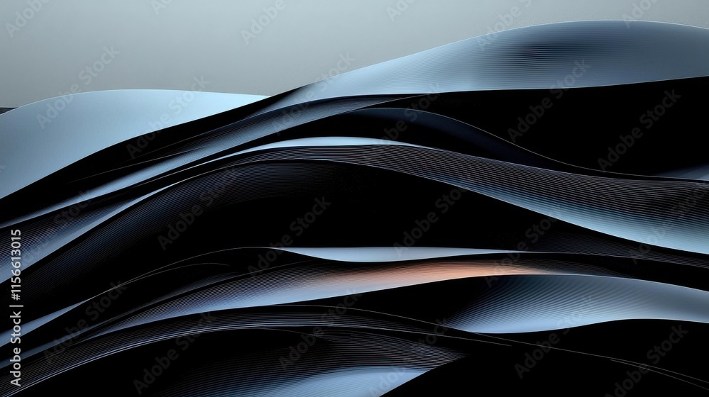 Poster dynamic iridescent black forms in liquid motion abstract art modern design calm environment artistic