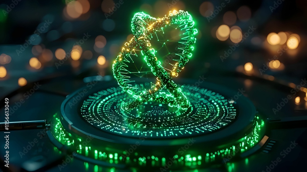Poster glowing abstract helix in dark environment with digital elements