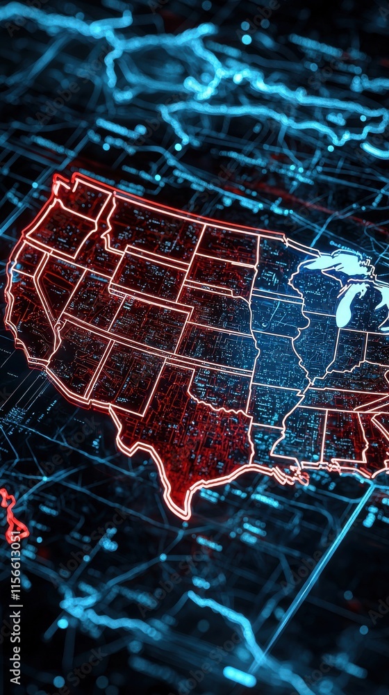 Poster dynamic abstract neon map of the united states with glowing red and blue lines in a futuristic style