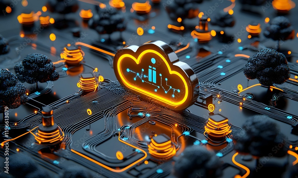 Poster abstract digital cloud computing network with glowing elements