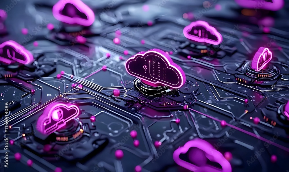 Poster abstract digital cloud computing network with neon design effects