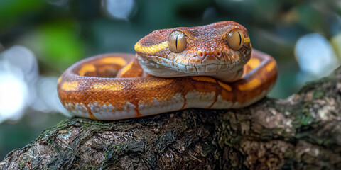 Fototapeta premium A brown and white snake is curled up on a tree branch. The snake is small and he is resting