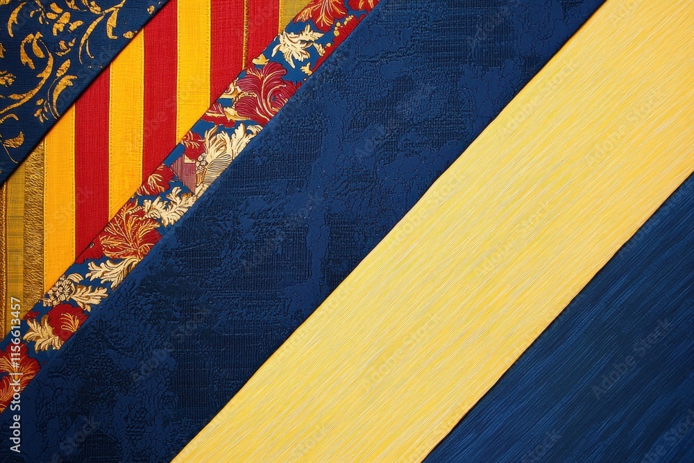 Poster elegant textiles with patterns and textures in vibrant hues
