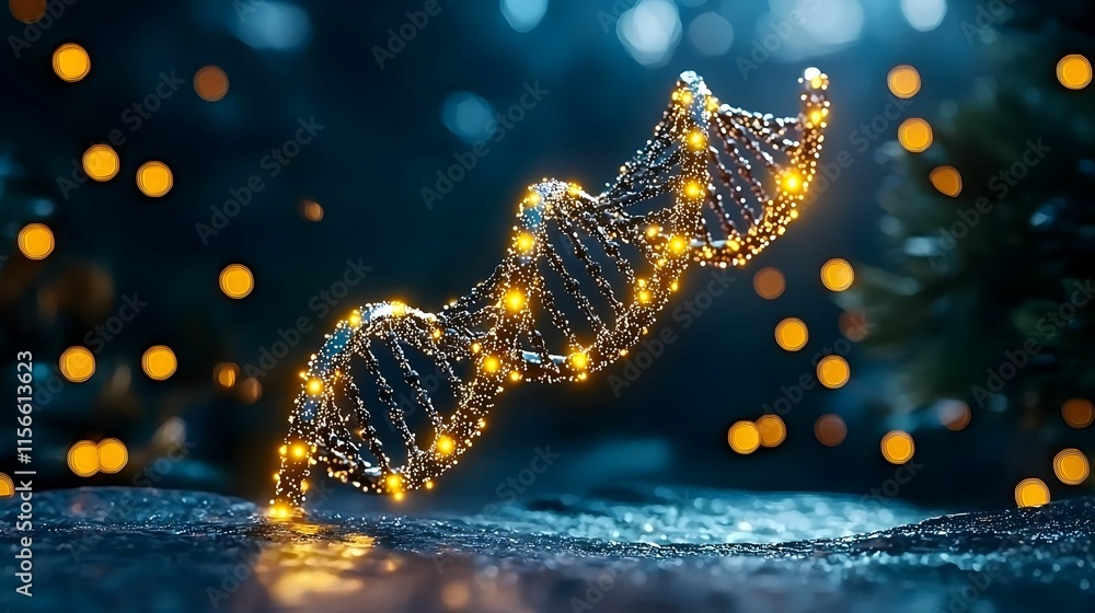 Poster glowing dna strand with bokeh effect in dark environment