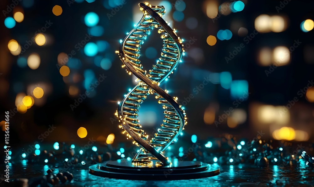 Poster 3d model of dna helix with glowing lights against a bokeh background