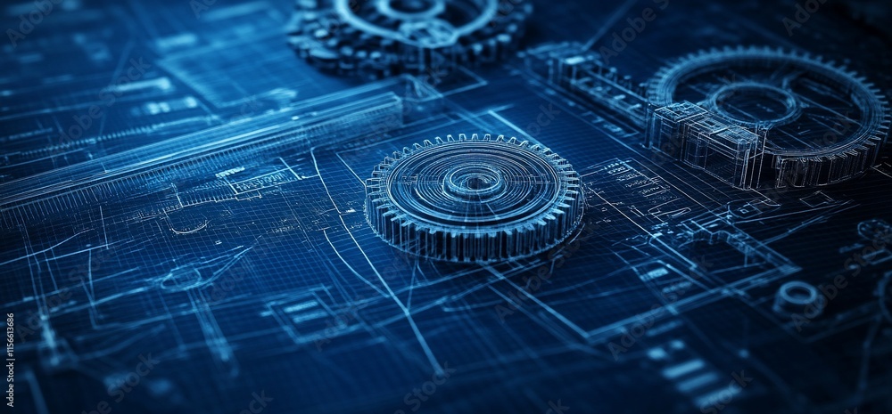 Poster a detailed blueprint featuring gears and mechanical components.