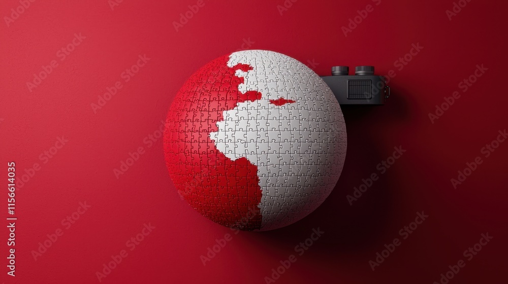 Poster puzzle globe with red and white segments and camera on red background