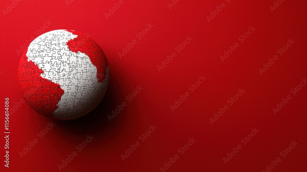 Poster globe puzzle on red background symbolizing global connectivity