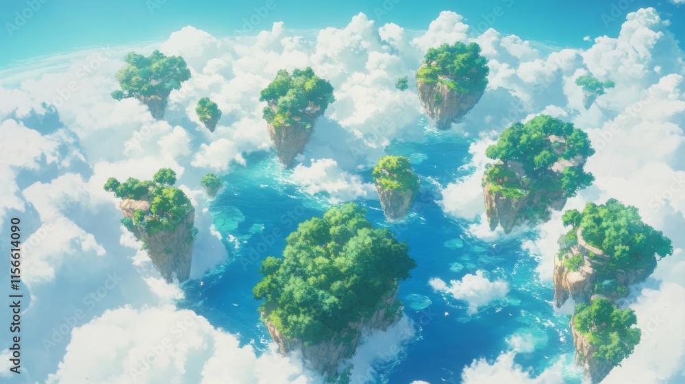 Poster aerial view of idyllic floating islands surrounded by clouds and ocean.
