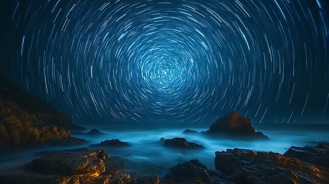 Celestial Swirls Above Coastal Rocks At Night