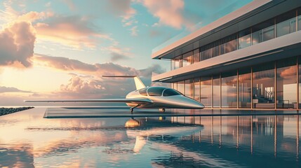 Fototapeta premium Luxury private jet on modern mansion pool deck at sunset.
