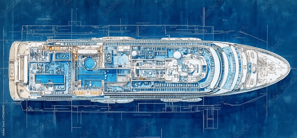 Poster a detailed blueprint of a large ship, showcasing its design and layout.