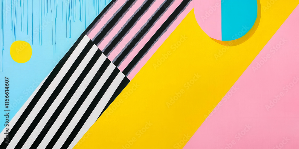 Poster a colorful abstract painting with a pink circle in the middle. the painting is a mix of different co