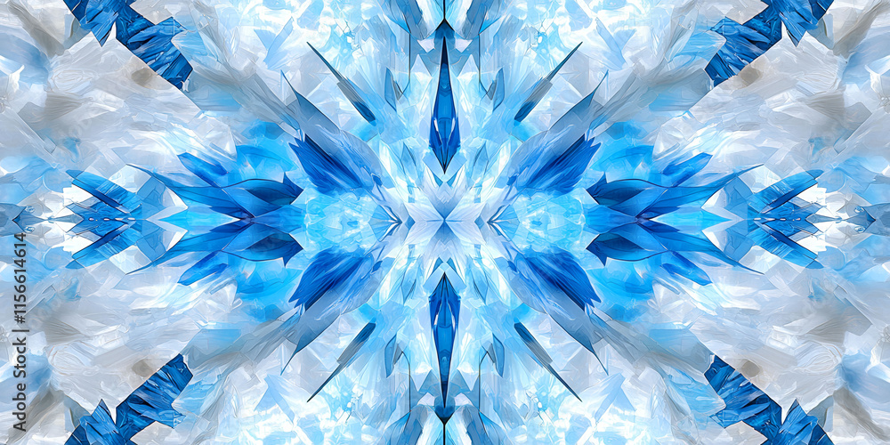 Poster a blue and white abstract design with a snowflake pattern. the design is made up of many small blue 