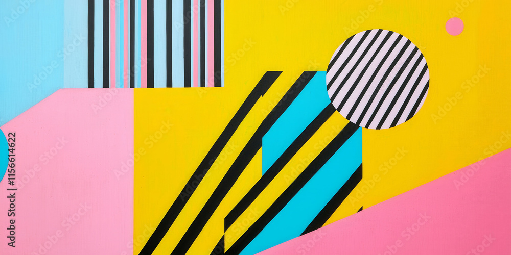 Poster a colorful abstract painting with a pink circle in the middle. the painting is a mix of different co
