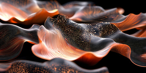 A black and orange wave with a lot of dots. The wave is very abstract and has a lot of texture