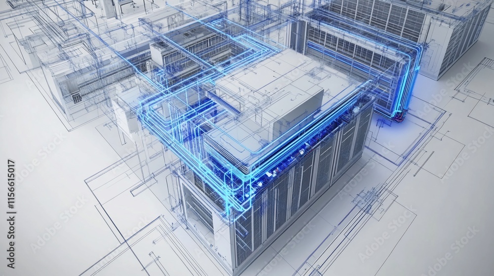 Aufkleber a digital blueprint of a complex architectural structure with illuminated pathways.