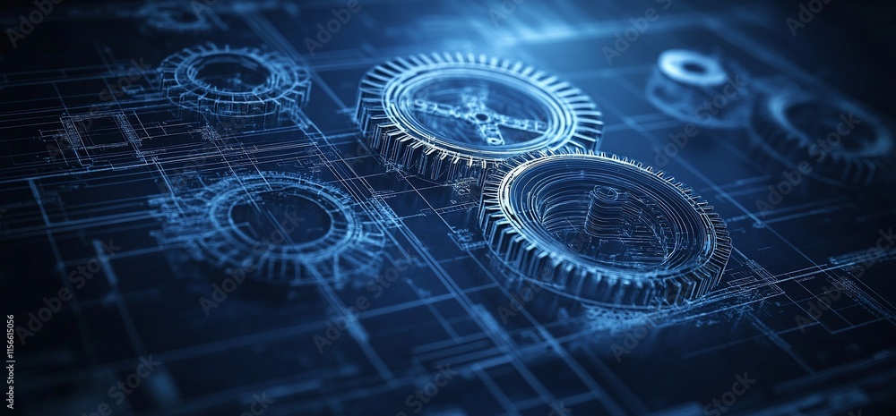 Poster a digital blueprint featuring intricate gears, symbolizing engineering and innovation.