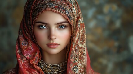 Young Woman Wearing a Vibrant Ornate Headscarf