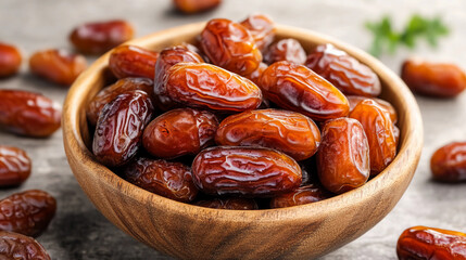 A bowl of rich, sweet dates, showcasing their glossy texture, surrounded by scattered dates on a rustic surface.