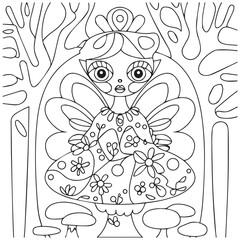 Cute kawaii fairy holding flowers outline coloring page for kids