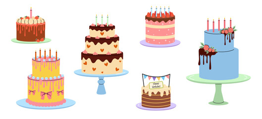 Colorful assortment of decorated cakes on display for a celebration