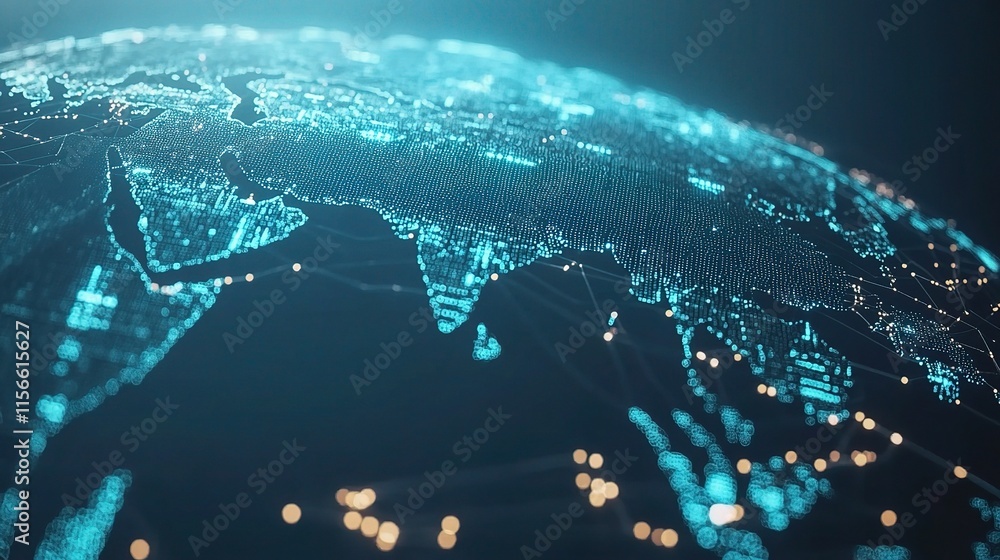 Aufkleber digital light blue world map with global network connection