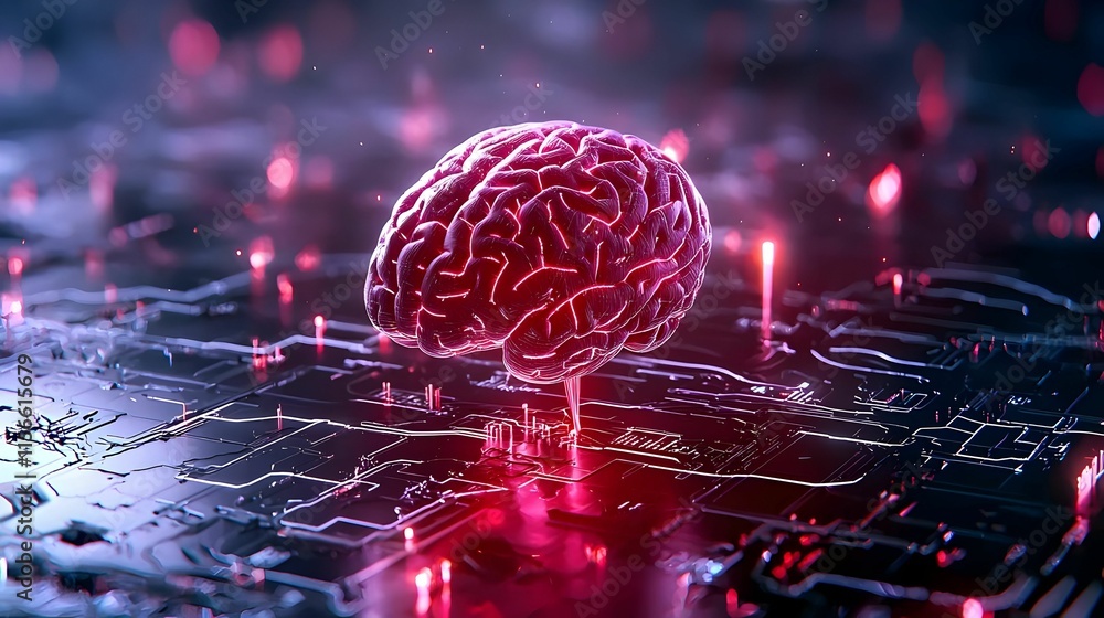 Poster futuristic brain concept on circuit board with glowing elements