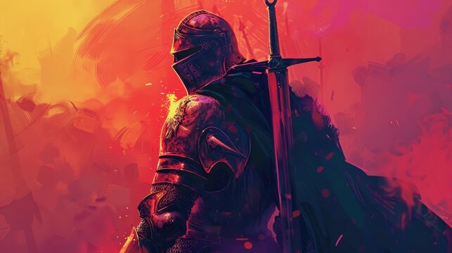 A knight in armor stands against a fiery backdrop, symbolizing valor and battle.
