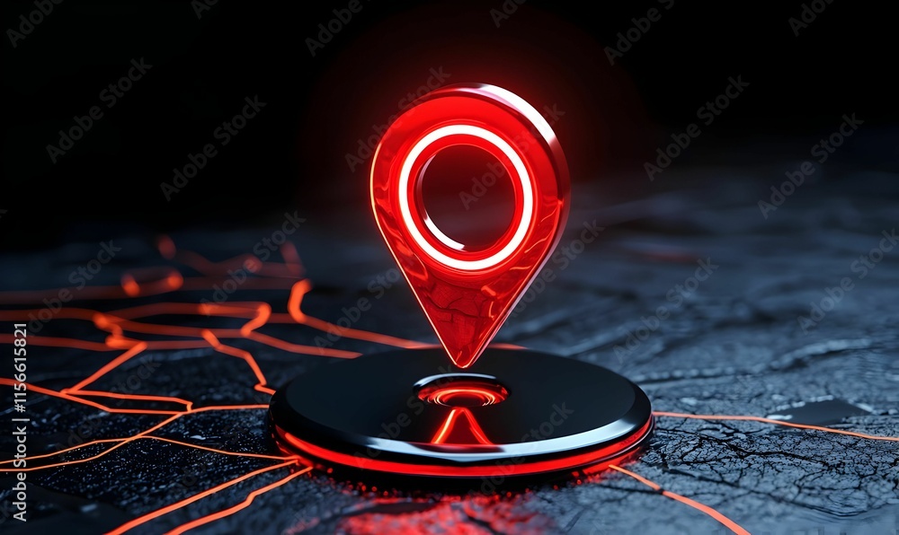 Poster red location pin on dark surface with glowing lines and patterns