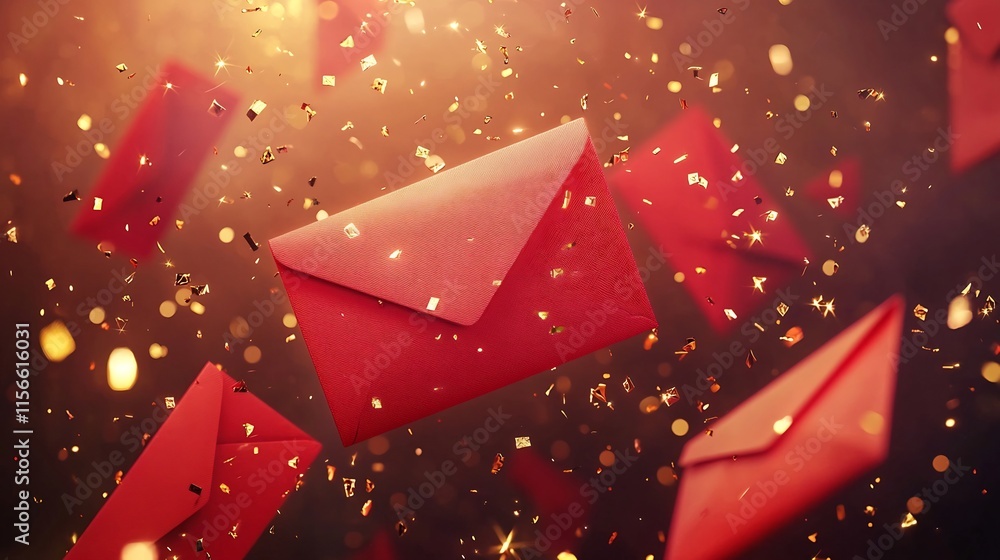 Poster elegant and modern 3d of floating red envelopes with golden particles creating a clean and editable 