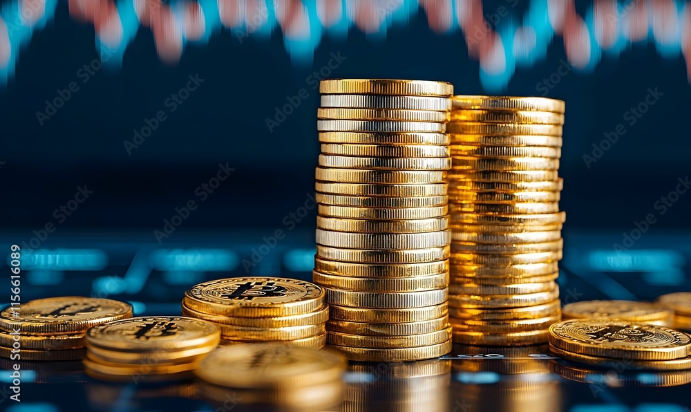 Poster stacks of golden coins with financial graph in background