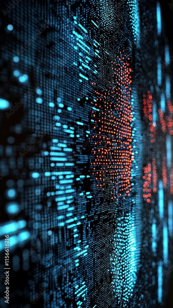 Poster dynamic visualization of illuminated digital screens urban environment closeup image nighttime techn