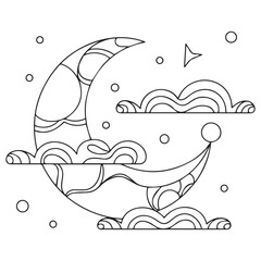 cute moon sleeping with clouds lineart on white background