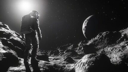 Obraz premium Astronaut on a desolate lunar landscape, gazing at a crescent planet.