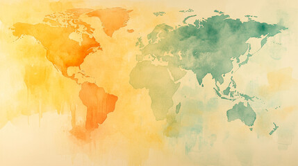 Watercolor world map in soft pastel colors, artistic design