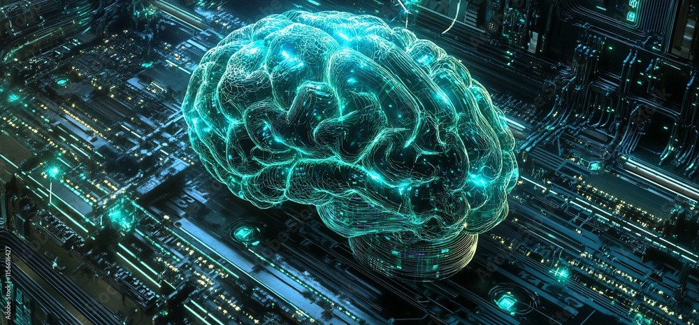 Poster a digital brain over a circuit board, symbolizing advanced technology and ai.